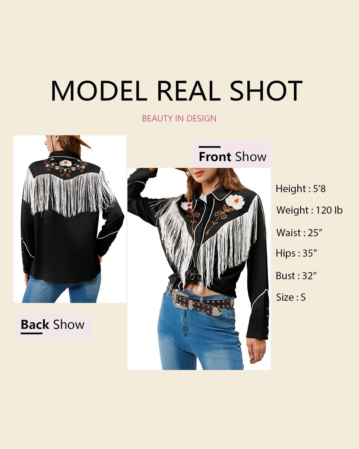 JOHN MOON Women's Floral Embroidered Fringe Western Shirts Rodeo Cowgirl Button Down Blouse Tops Country Style Outfits