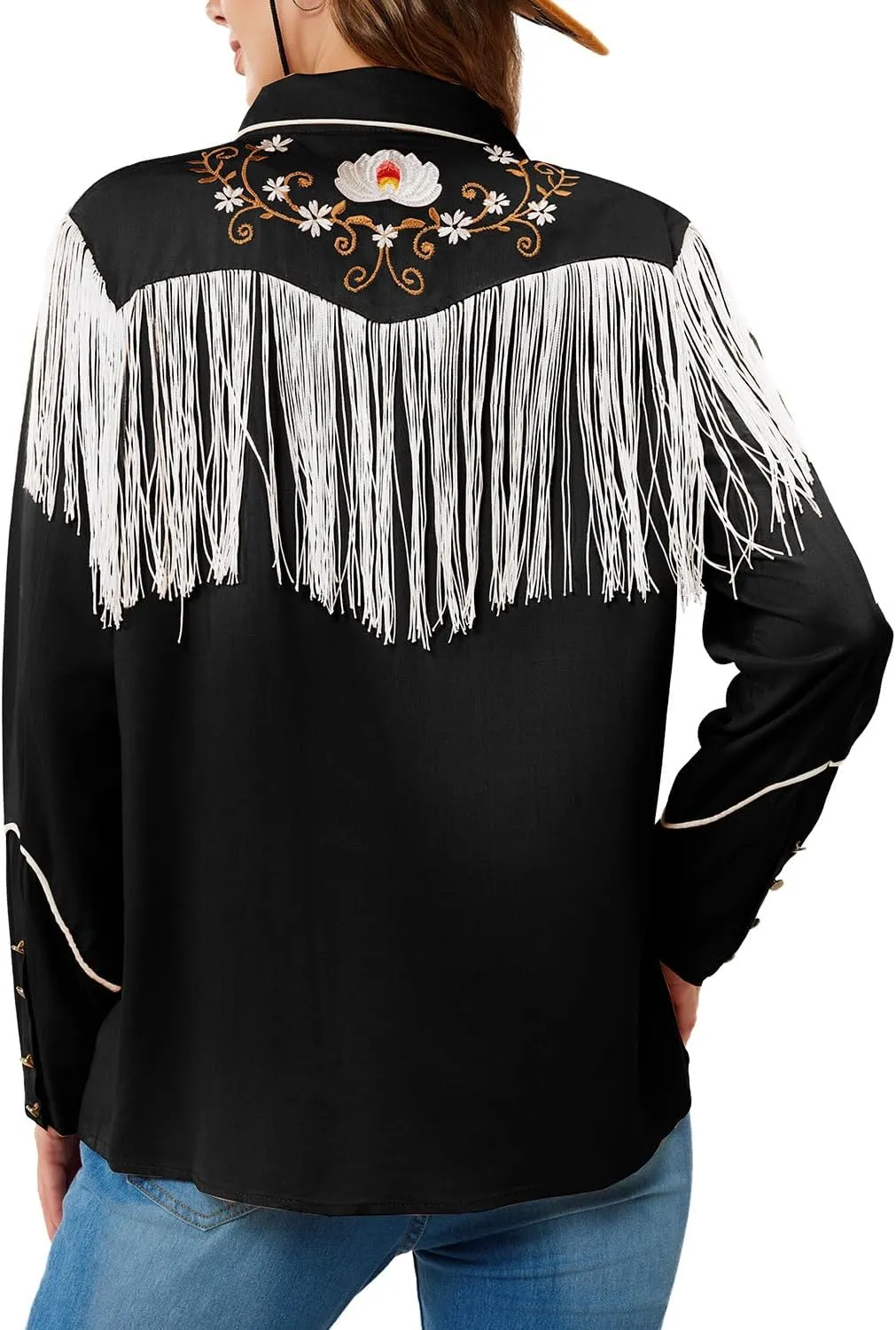 JOHN MOON Women's Floral Embroidered Fringe Western Shirts Rodeo Cowgirl Button Down Blouse Tops Country Style Outfits