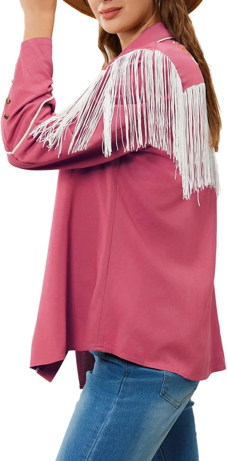 JOHN MOON Women's Floral Embroidered Fringe Western Shirts Rodeo Cowgirl Button Down Blouse Tops Country Style Outfits