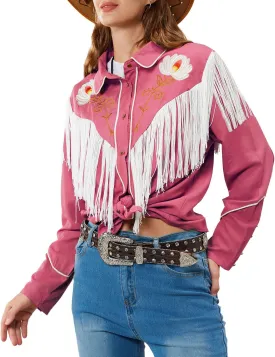 JOHN MOON Women's Floral Embroidered Fringe Western Shirts Rodeo Cowgirl Button Down Blouse Tops Country Style Outfits
