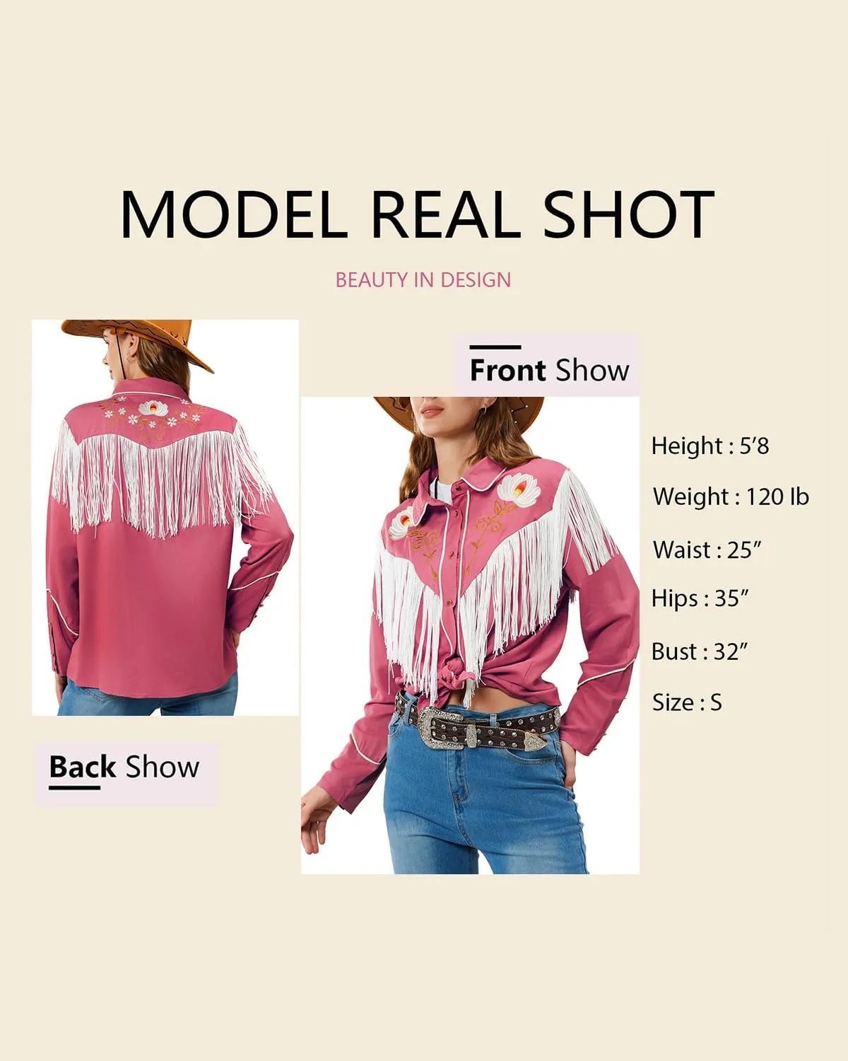 JOHN MOON Women's Floral Embroidered Fringe Western Shirts Rodeo Cowgirl Button Down Blouse Tops Country Style Outfits