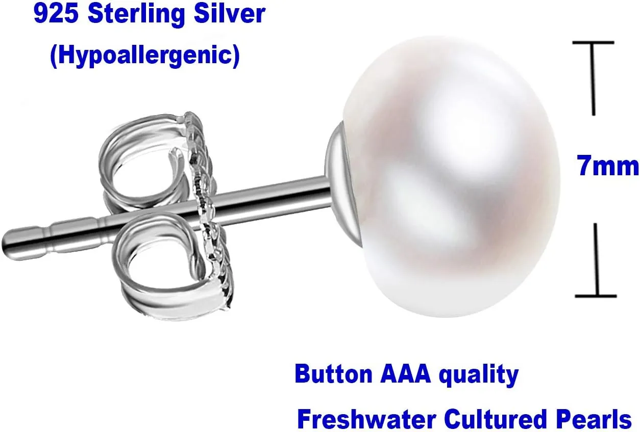 JORA Sterling Silver White Button Freshwater Cultured Pearl Stud Earrings for Women Gift