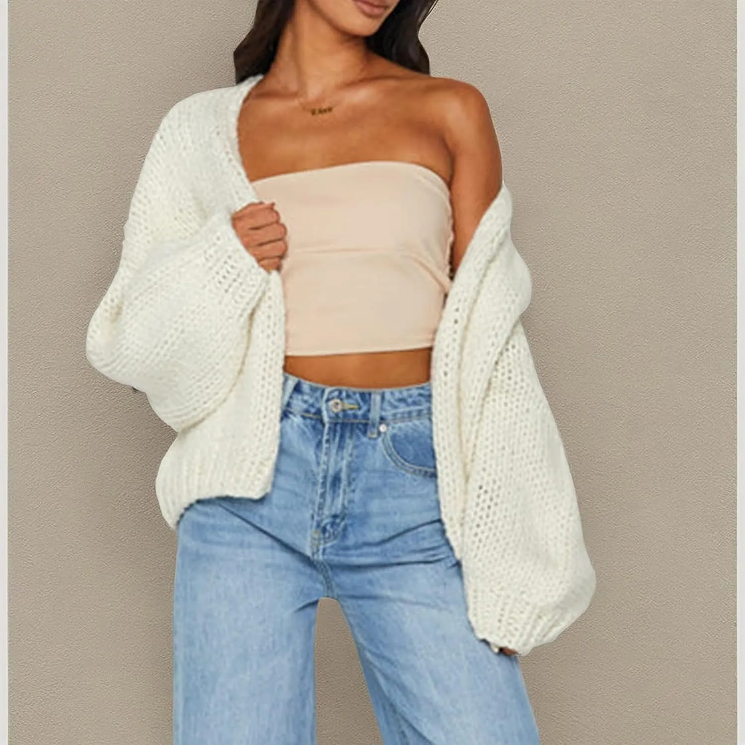 KMBANGI Women Crochet Chunky Sweater Open Front Long Sleeve Cable Knit Cardigan Cute Oversized Jumper Aesthetic Knitwear