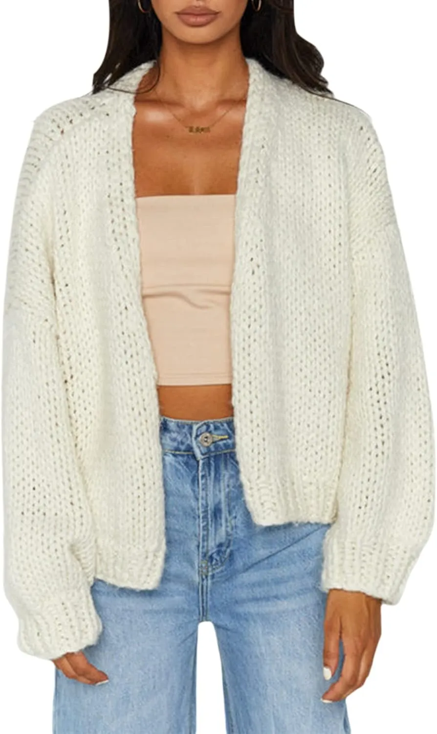 KMBANGI Women Crochet Chunky Sweater Open Front Long Sleeve Cable Knit Cardigan Cute Oversized Jumper Aesthetic Knitwear
