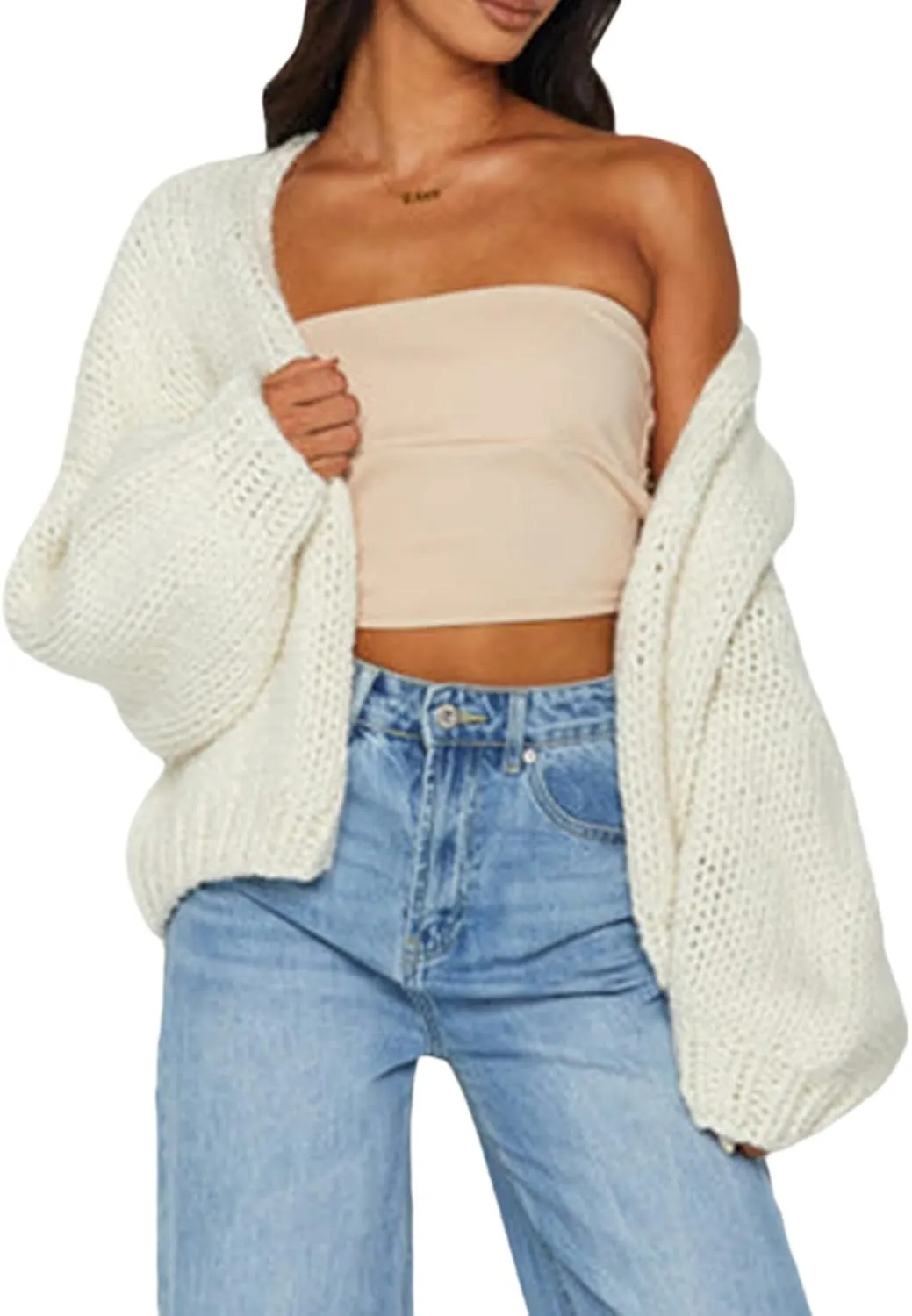 KMBANGI Women Crochet Chunky Sweater Open Front Long Sleeve Cable Knit Cardigan Cute Oversized Jumper Aesthetic Knitwear