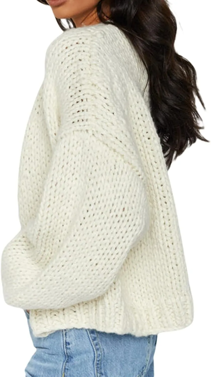 KMBANGI Women Crochet Chunky Sweater Open Front Long Sleeve Cable Knit Cardigan Cute Oversized Jumper Aesthetic Knitwear