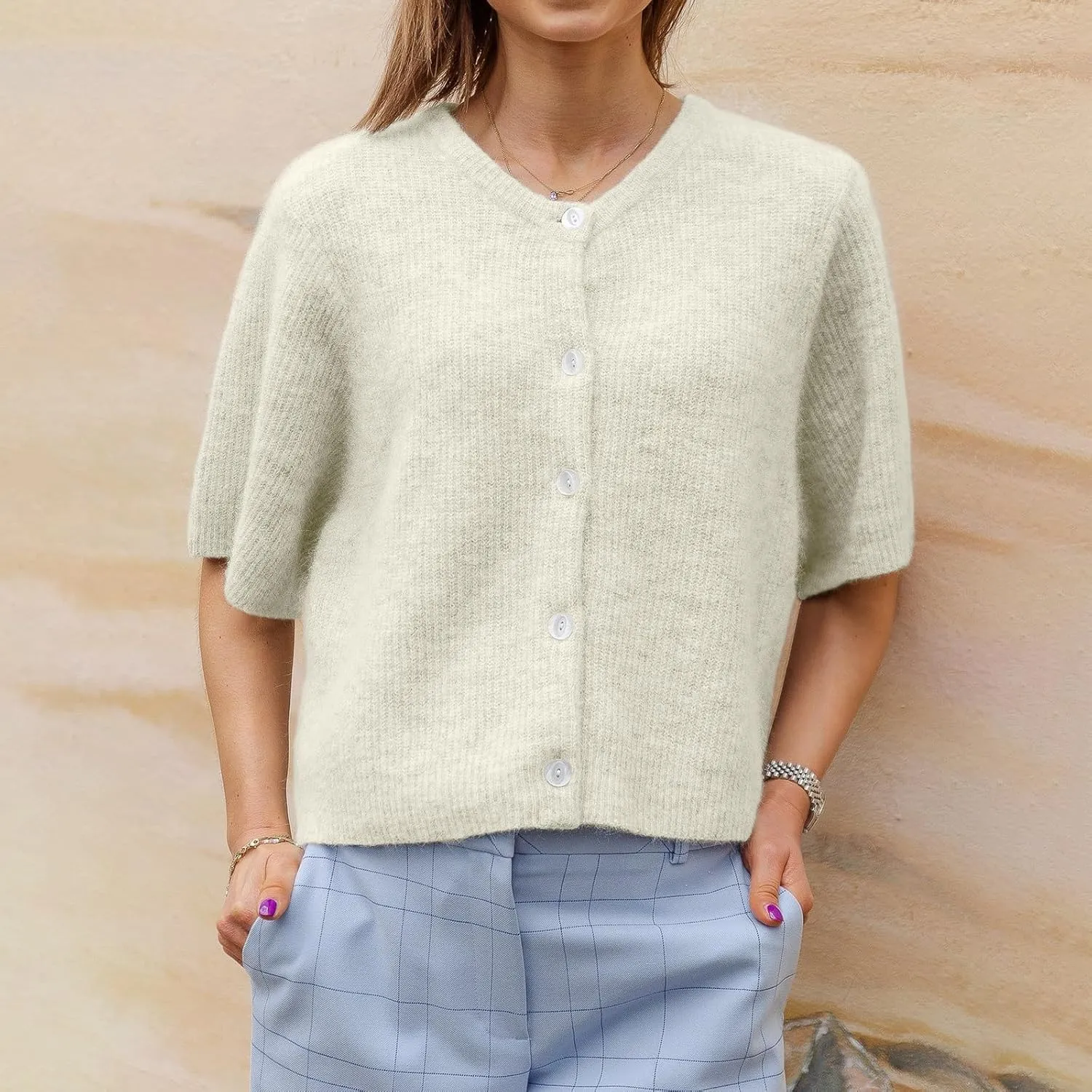 KMBANGI Women Knitted Cropped Blouse Short Sleeve Button Knit Shirt Crop Cardigan Y2k Open Front Knitwear Tops Dressy