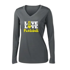 Live Love Pickleball | Women's Long Sleeve V-Neck Pickleball Shirts | 100% Polyester
