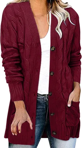 Long Sleeve Cable Knit Long Cardigan for Women 2025 Chunky Open Front Button Sweaters Fall Cardigan with Pockets