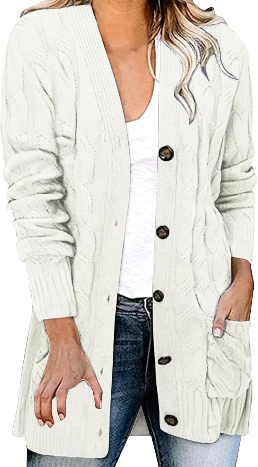 Long Sleeve Cable Knit Long Cardigan for Women 2025 Chunky Open Front Button Sweaters Fall Cardigan with Pockets