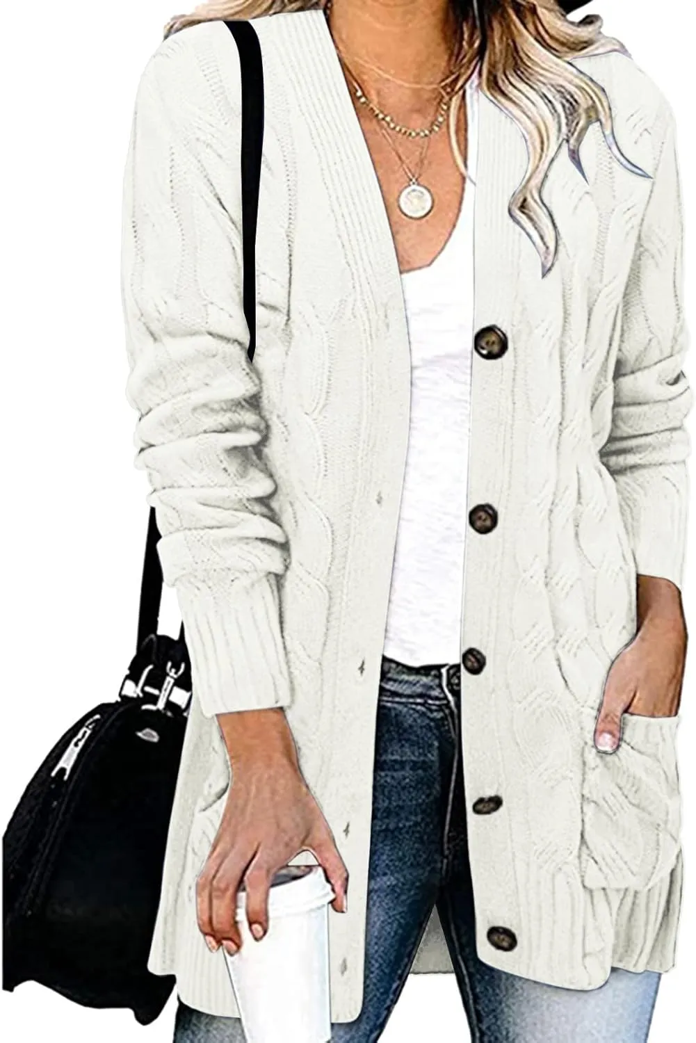 Long Sleeve Cable Knit Long Cardigan for Women 2025 Chunky Open Front Button Sweaters Fall Cardigan with Pockets