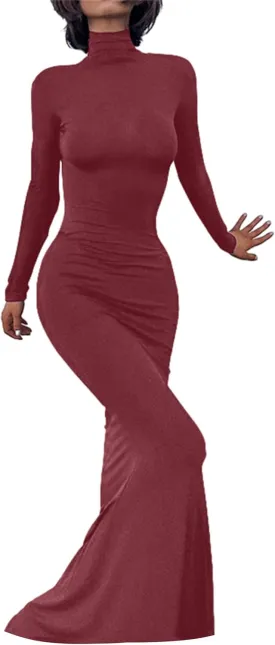 Long Sleeve Maxi Dress for Women - Casual Turtleneck Bodycon Formal Dresses Elegant Mermaid Hem 2025