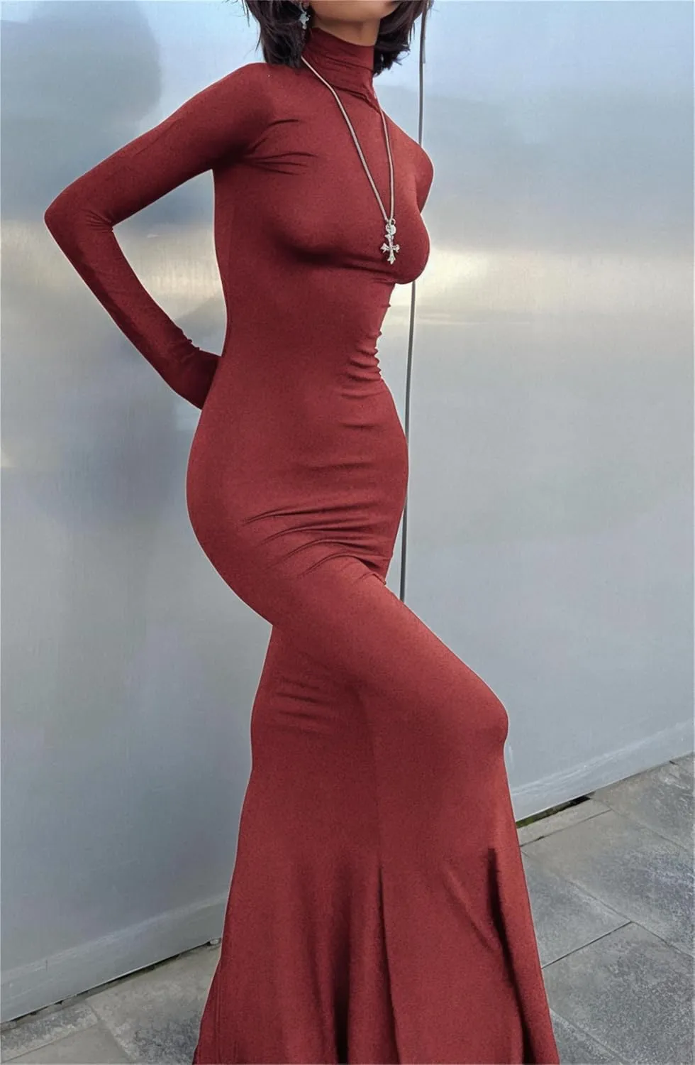 Long Sleeve Maxi Dress for Women - Casual Turtleneck Bodycon Formal Dresses Elegant Mermaid Hem 2025