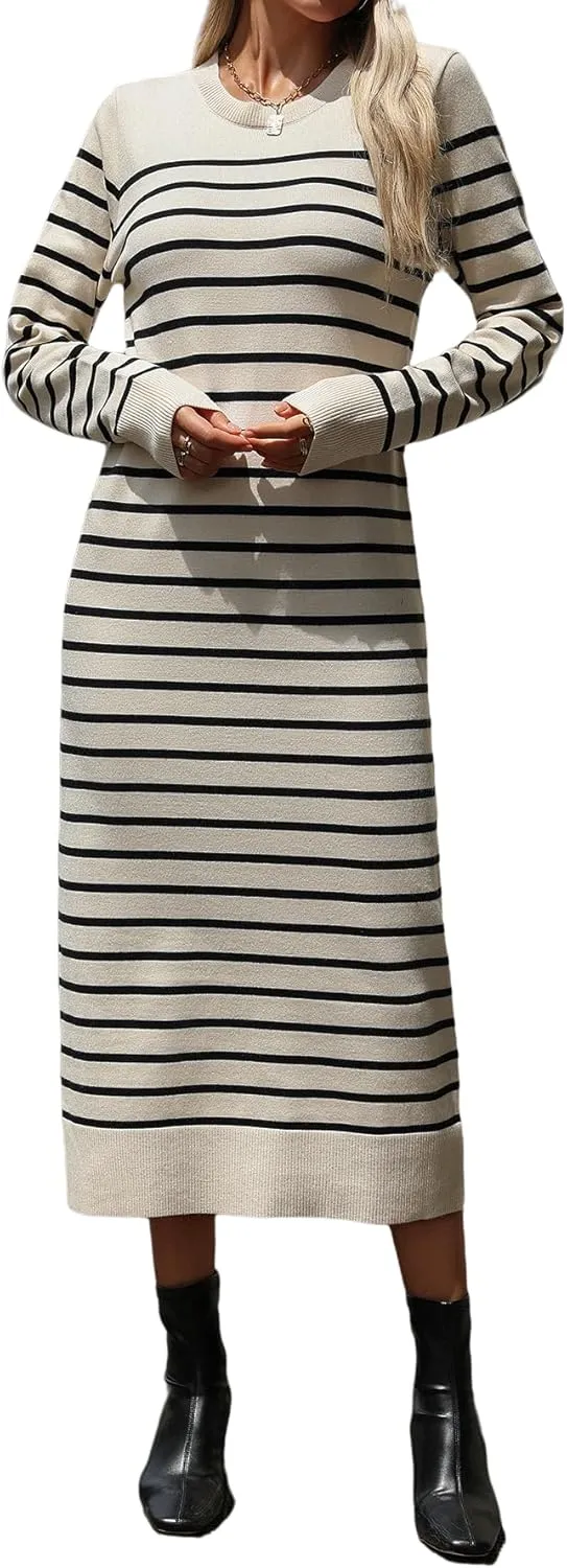 Long Sweater Dress for Women Loose Knitwear Striped Long Dresses Stylish Autumn and Winter Outfits