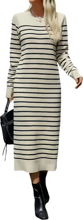 Long Sweater Dress for Women Loose Knitwear Striped Long Dresses Stylish Autumn and Winter Outfits