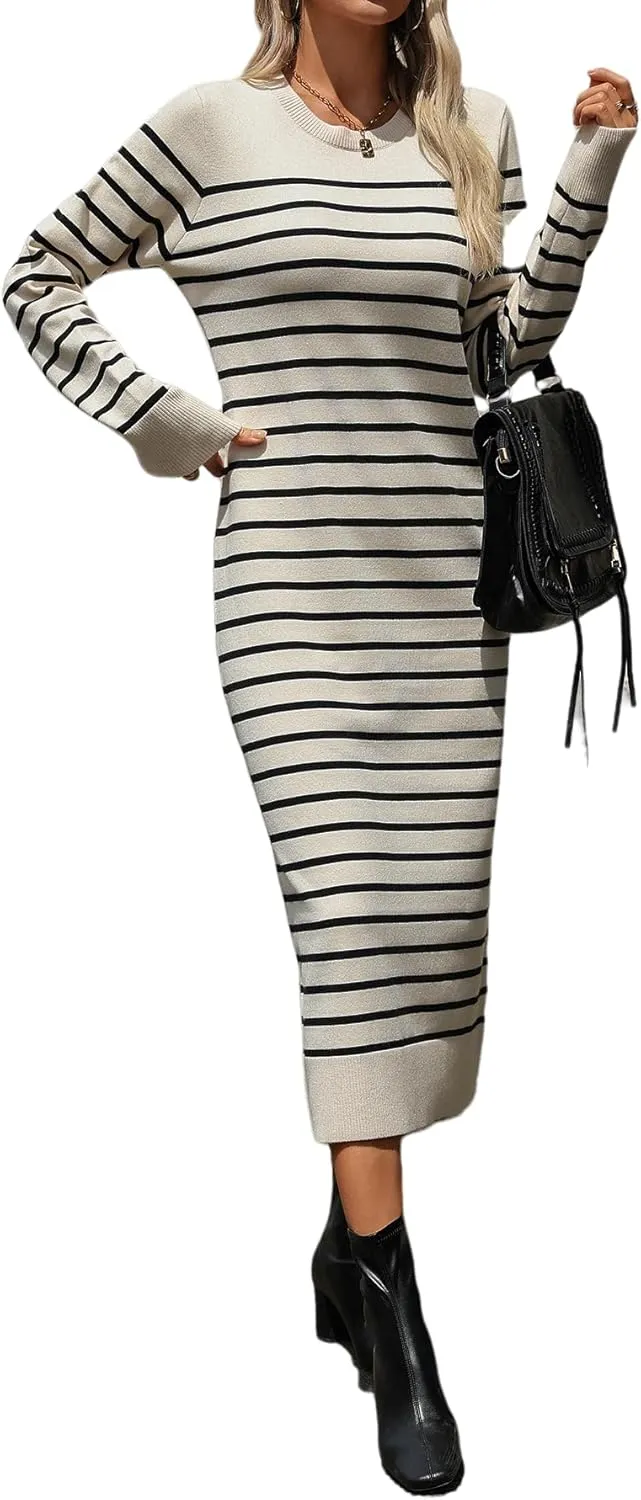 Long Sweater Dress for Women Loose Knitwear Striped Long Dresses Stylish Autumn and Winter Outfits