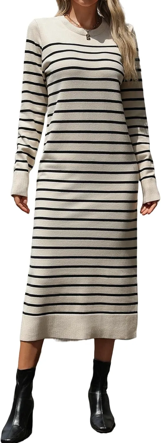 Long Sweater Dress for Women Loose Knitwear Striped Long Dresses Stylish Autumn and Winter Outfits