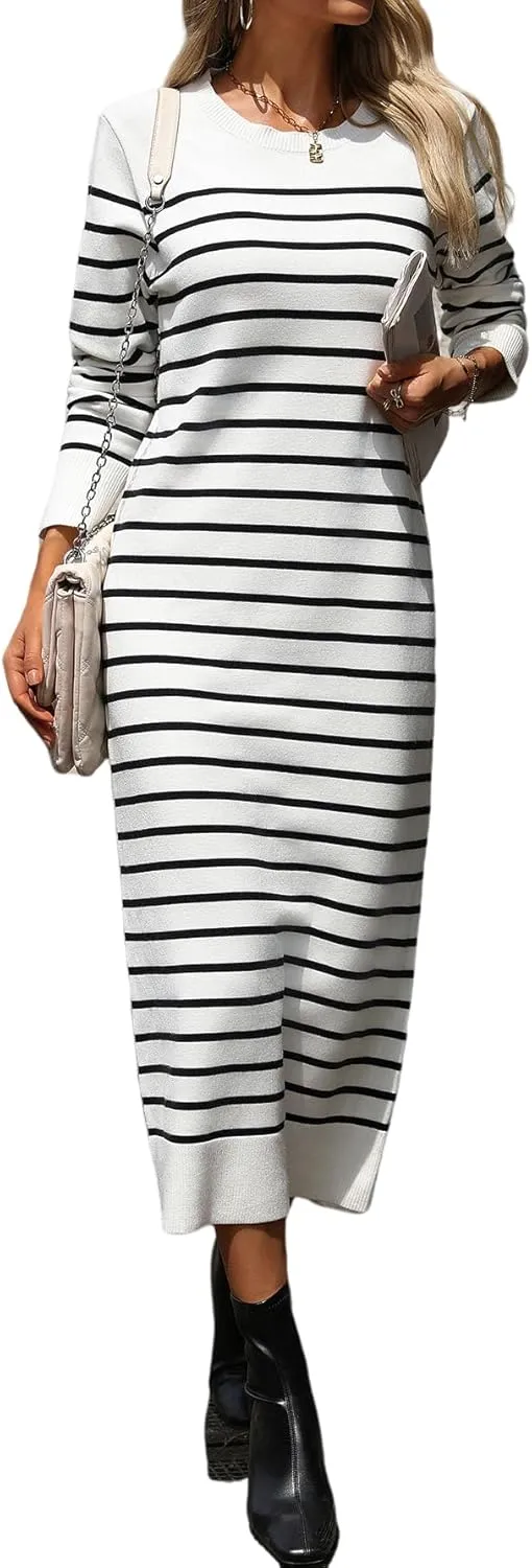 Long Sweater Dress for Women Loose Knitwear Striped Long Dresses Stylish Autumn and Winter Outfits