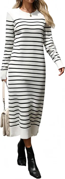 Long Sweater Dress for Women Loose Knitwear Striped Long Dresses Stylish Autumn and Winter Outfits