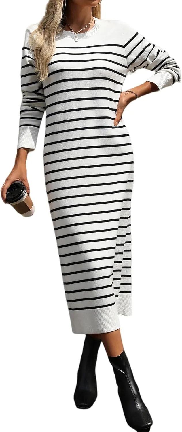 Long Sweater Dress for Women Loose Knitwear Striped Long Dresses Stylish Autumn and Winter Outfits