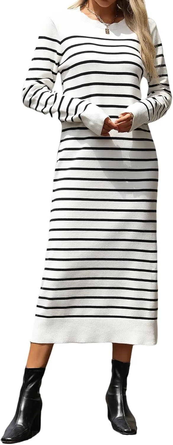 Long Sweater Dress for Women Loose Knitwear Striped Long Dresses Stylish Autumn and Winter Outfits