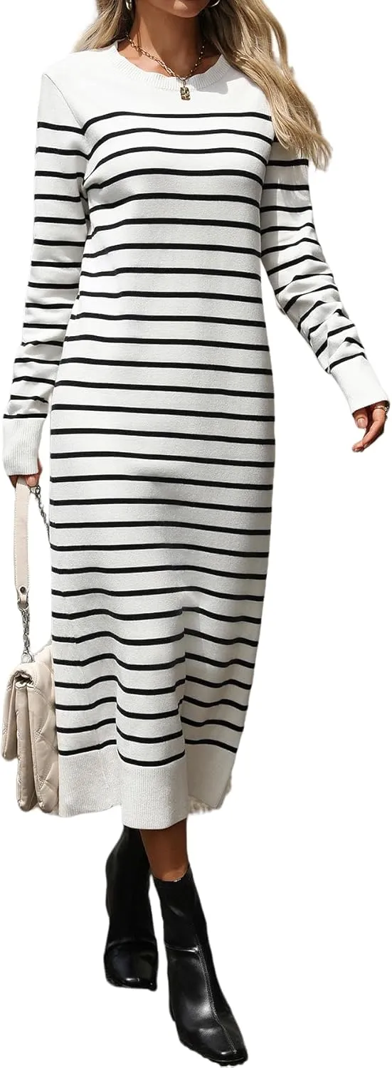 Long Sweater Dress for Women Loose Knitwear Striped Long Dresses Stylish Autumn and Winter Outfits