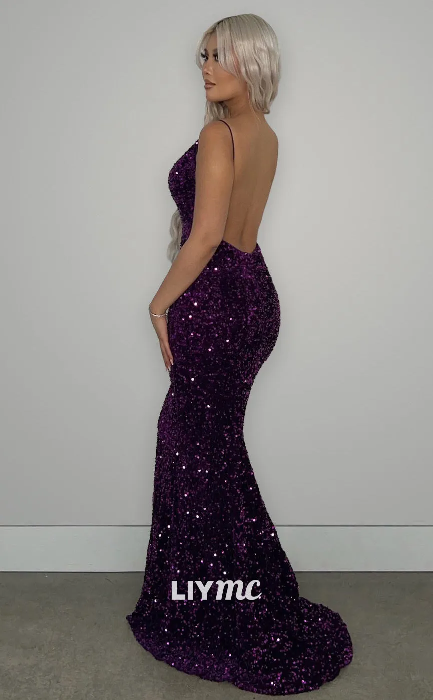 LP1275 - Sexy Spaghetti Straps V-Neck Sequins Sparkly Prom Dresses for Black Girls Classy