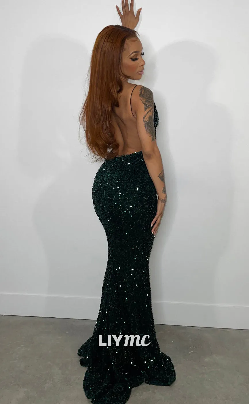 LP1275 - Sexy Spaghetti Straps V-Neck Sequins Sparkly Prom Dresses for Black Girls Classy