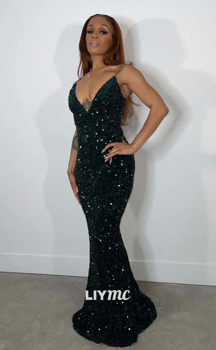 LP1275 - Sexy Spaghetti Straps V-Neck Sequins Sparkly Prom Dresses for Black Girls Classy