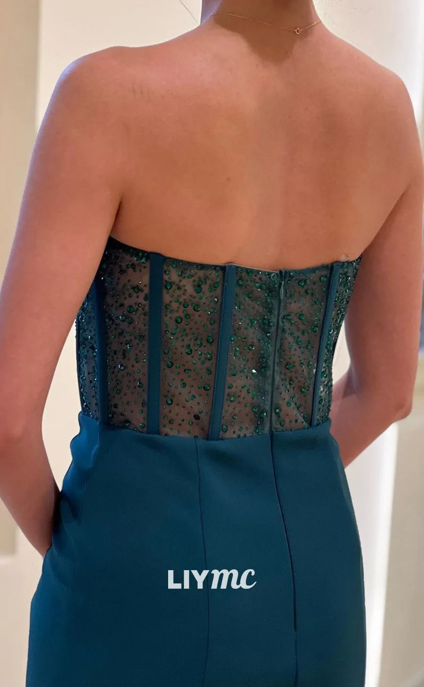 LP1833 - V-Neck Sleeveless Pleated Satin Beaded Sheer Bodycon Mermaid Prom Dress