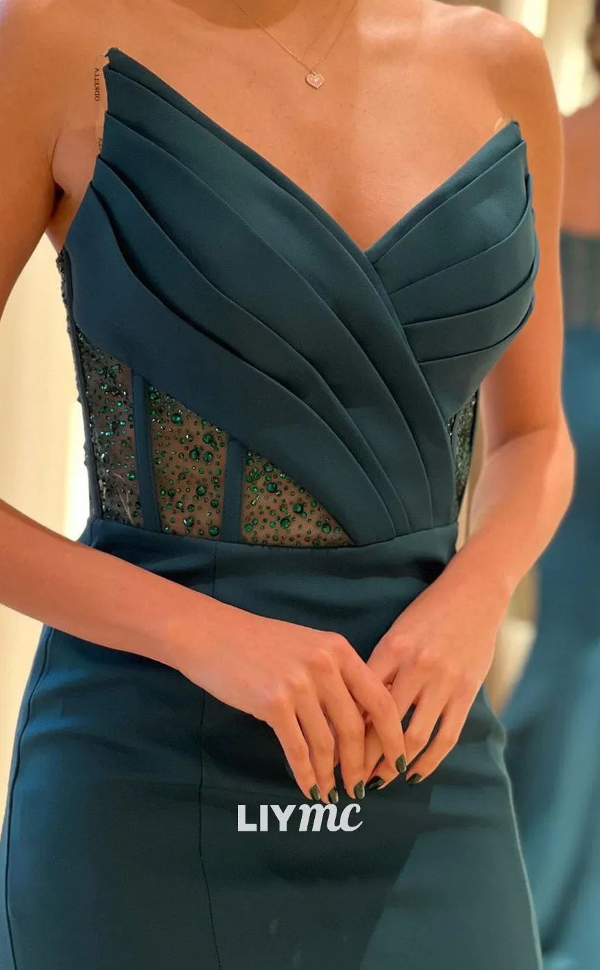 LP1833 - V-Neck Sleeveless Pleated Satin Beaded Sheer Bodycon Mermaid Prom Dress