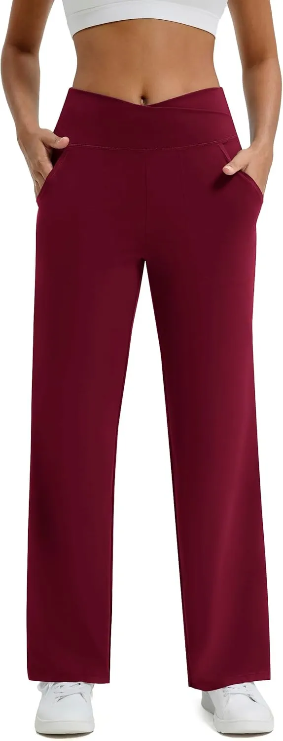 Maxbee Wide Leg Pants for Women Casual Work Pants Crossover High Waisted Yoga Pants with Pockets