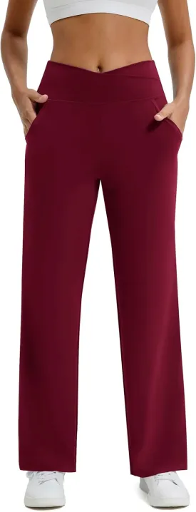Maxbee Wide Leg Pants for Women Casual Work Pants Crossover High Waisted Yoga Pants with Pockets