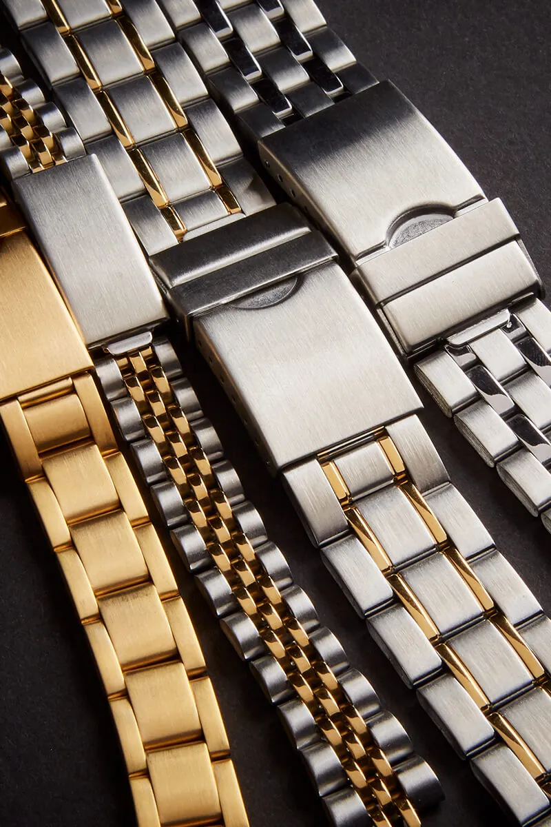 Men's 18-22MM Wrapped Link Straight Adjustable End Band with Removable Links for Sizing in Silver, Gold and Dual Tone