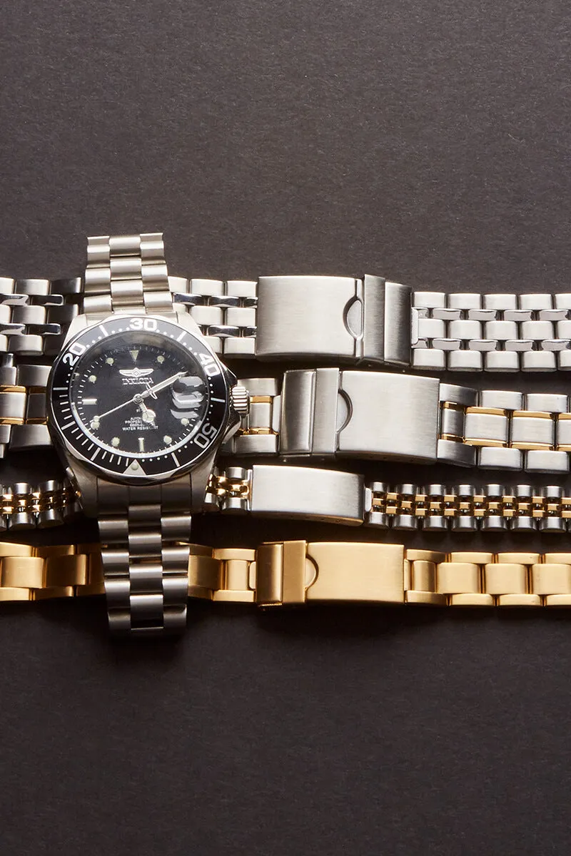 Men's 18-22MM Wrapped Link Straight Adjustable End Band with Removable Links for Sizing in Silver, Gold and Dual Tone