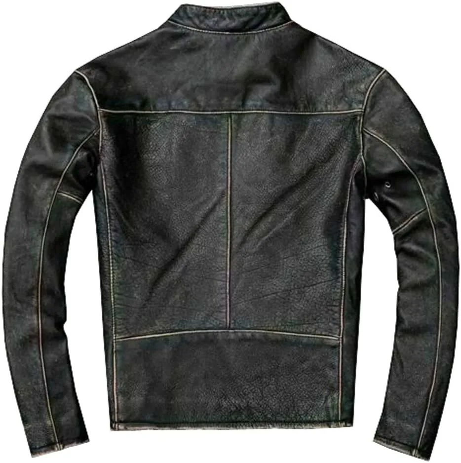 Mens Vintage Cafe Racer Motorcycle Distressed Biker Black Leather Jacket