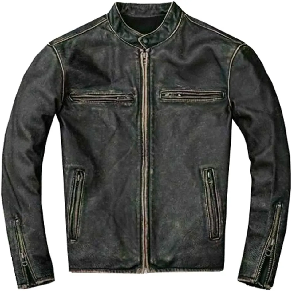Mens Vintage Cafe Racer Motorcycle Distressed Biker Black Leather Jacket