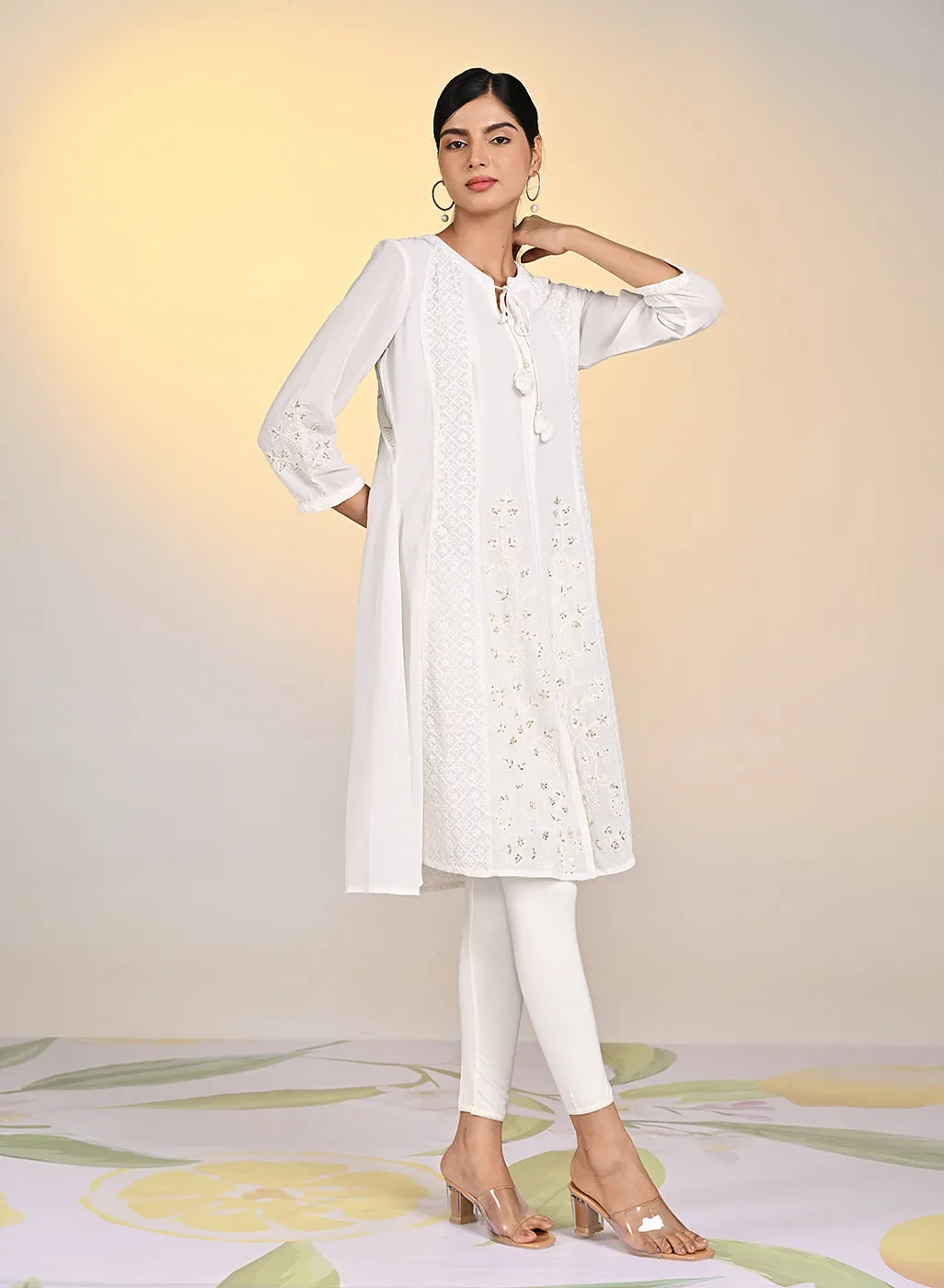 Misha Ivory Embroidered Long A-line Kurta Set for Women
