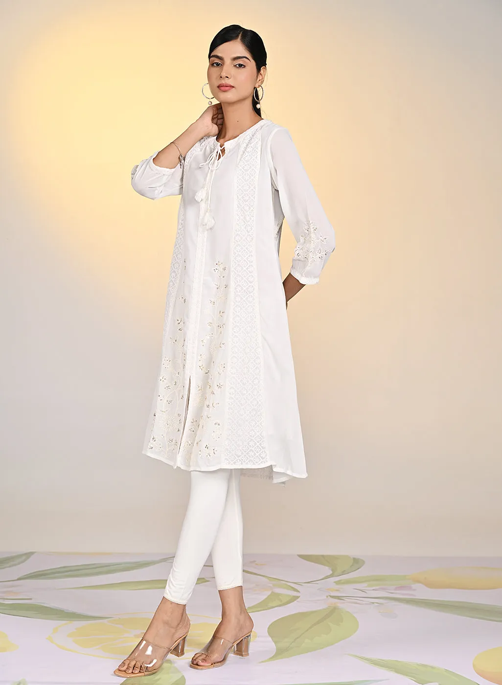 Misha Ivory Embroidered Long A-line Kurta Set for Women