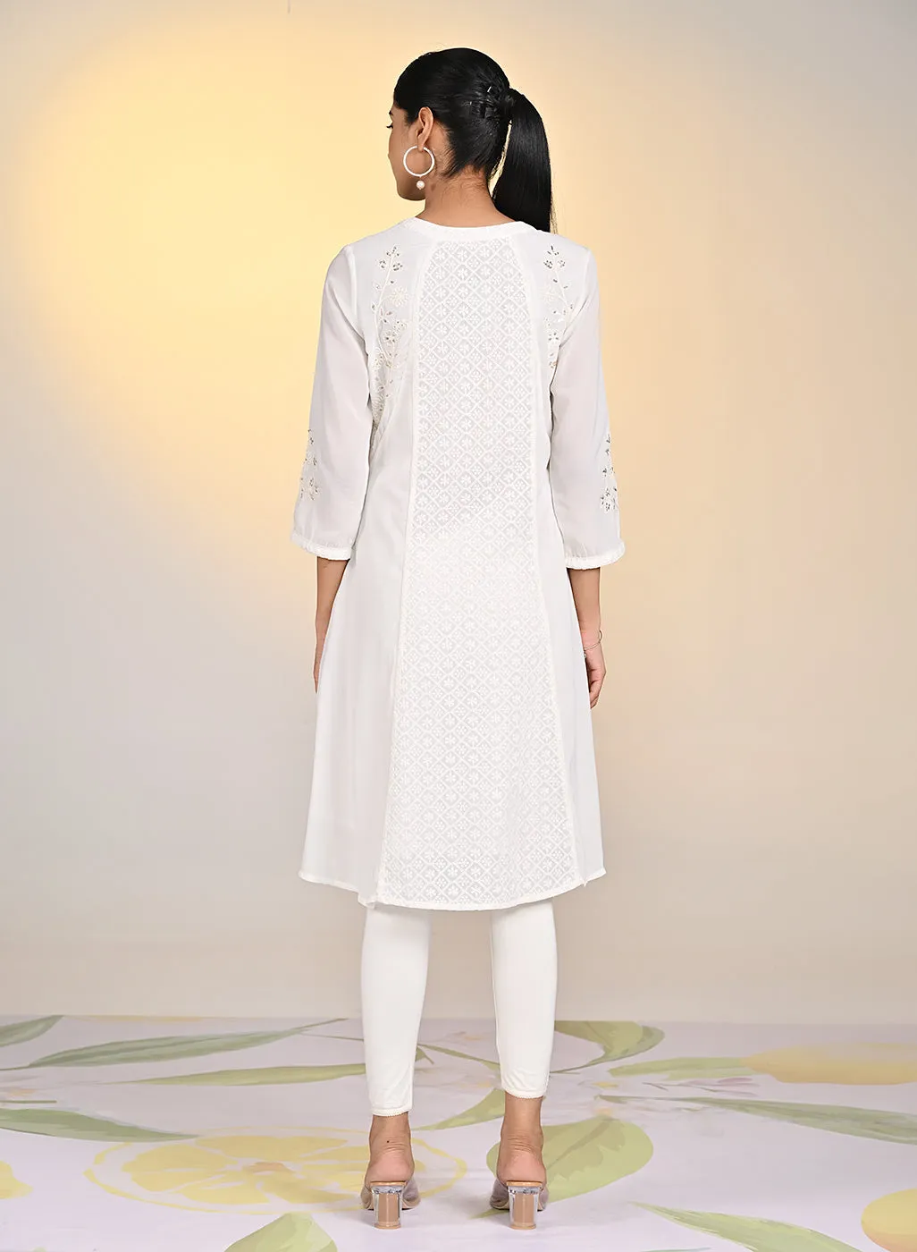 Misha Ivory Embroidered Long A-line Kurta Set for Women