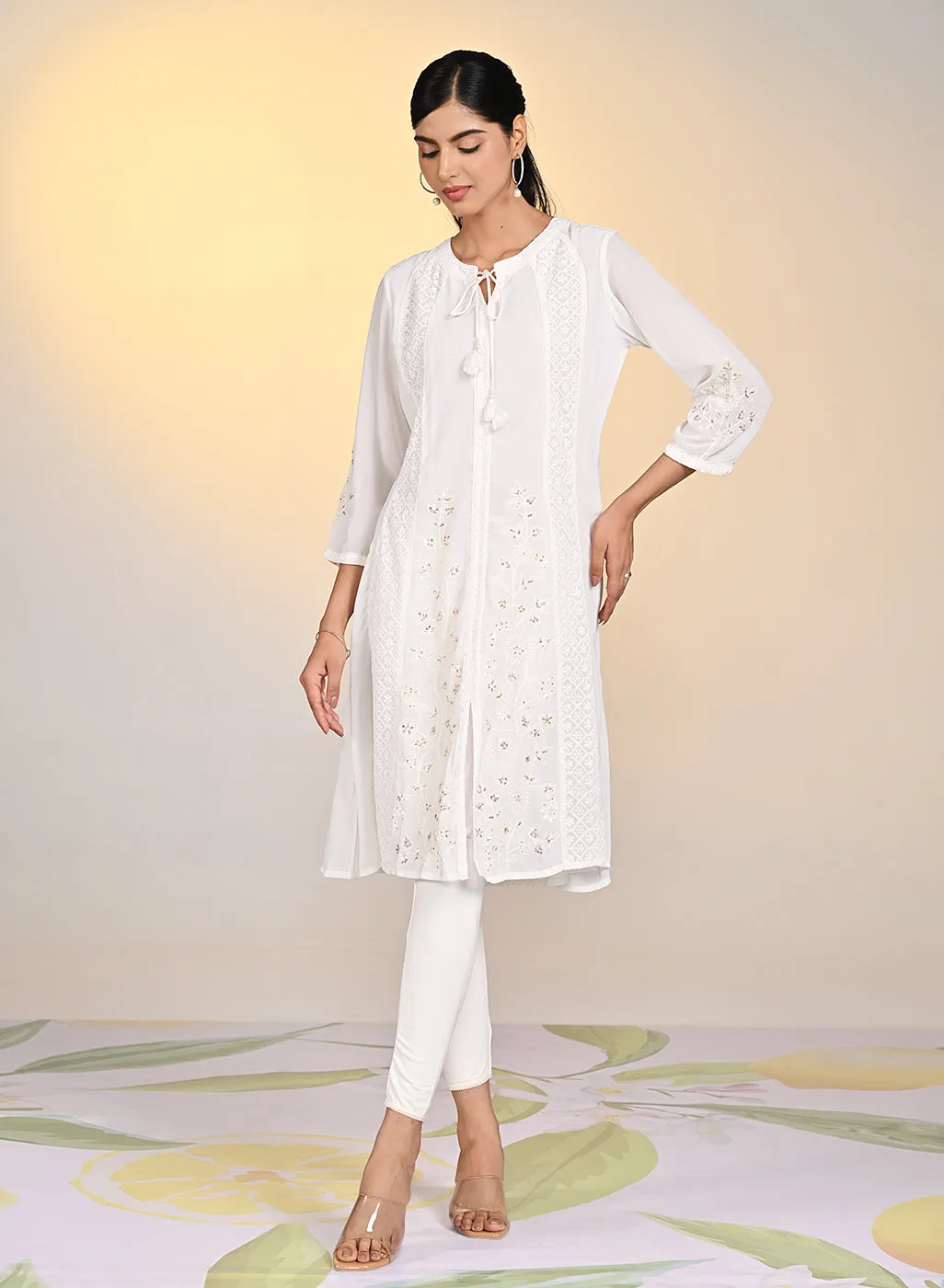Misha Ivory Embroidered Long A-line Kurta Set for Women