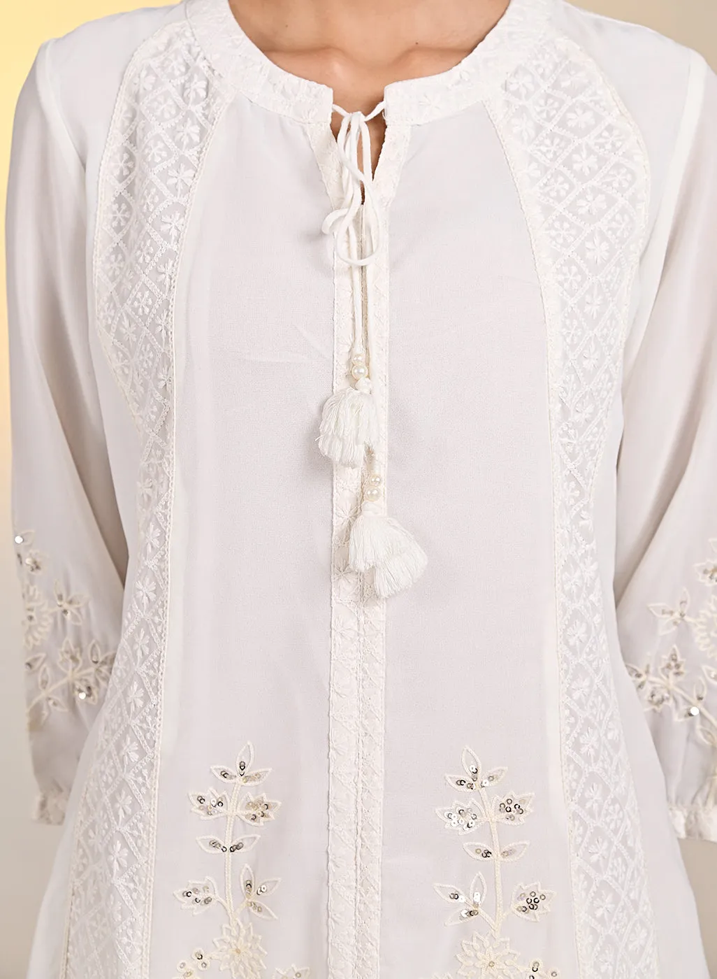 Misha Ivory Embroidered Long A-line Kurta Set for Women