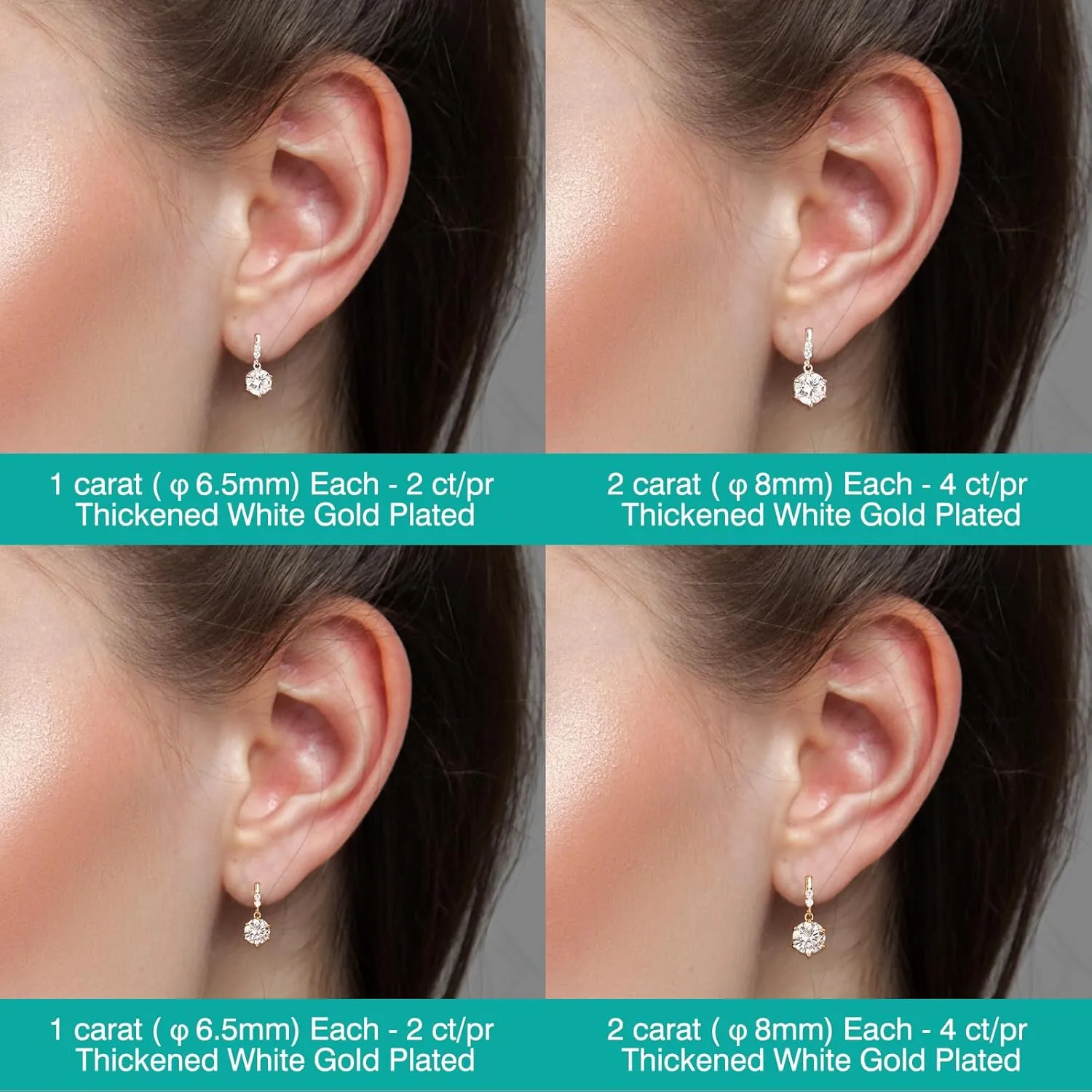 Moissanite Dangle Stud Earrings for Men Women, 2-4CT White Gold Plated 925 Sterling Silver Moissanite Drop Earrings, Jewelry Present for Her Mother Mom Wife (White Gold Plated, 2ct pair/ 1ct each)