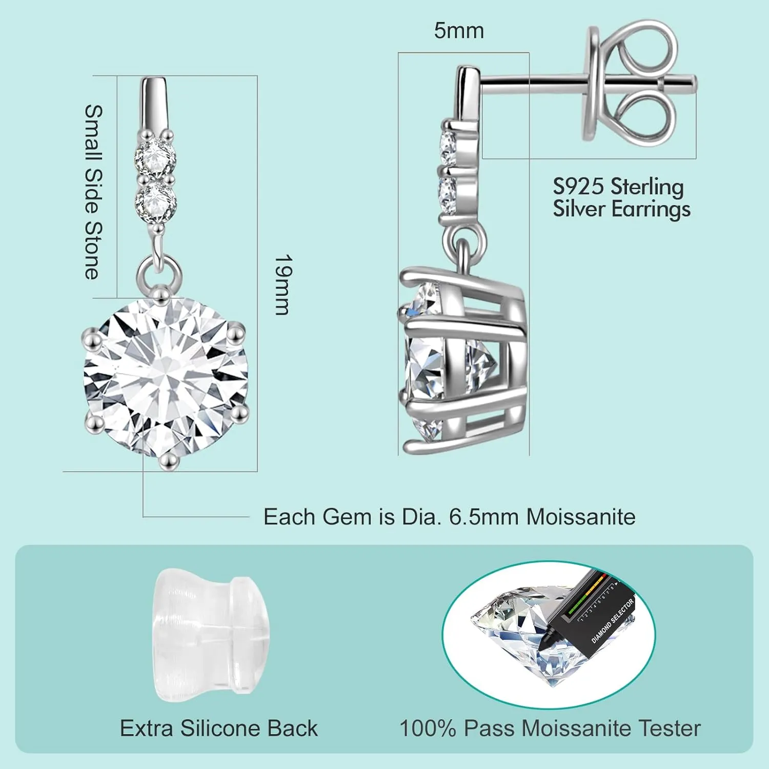 Moissanite Dangle Stud Earrings for Men Women, 2-4CT White Gold Plated 925 Sterling Silver Moissanite Drop Earrings, Jewelry Present for Her Mother Mom Wife (White Gold Plated, 2ct pair/ 1ct each)