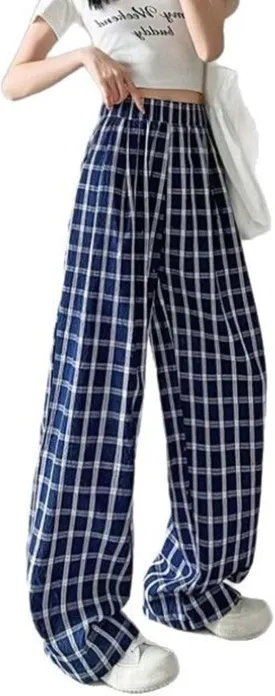 Navy Plaid Wide-Leg Pants for Women - Thin Lightweight High-Waist Straight Trousers, Lazy Chic & Drapey