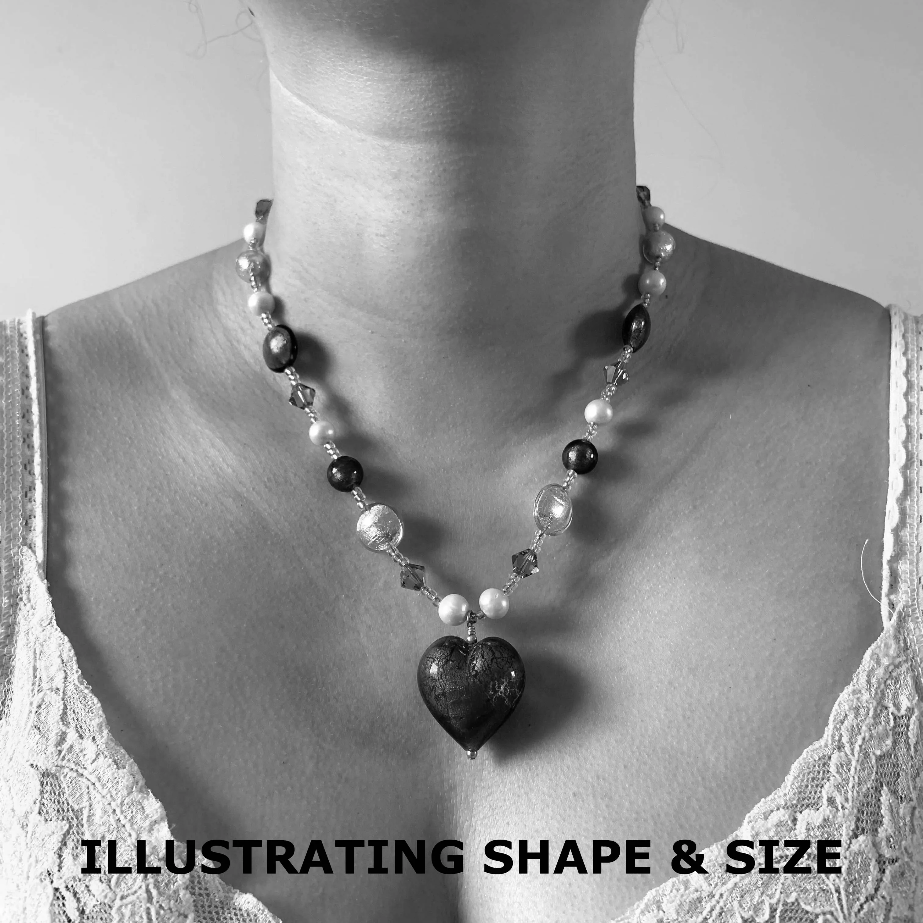 Necklace with aqua (blue) and gold Murano glass beads, Swarovski© crystals, pearls, heart