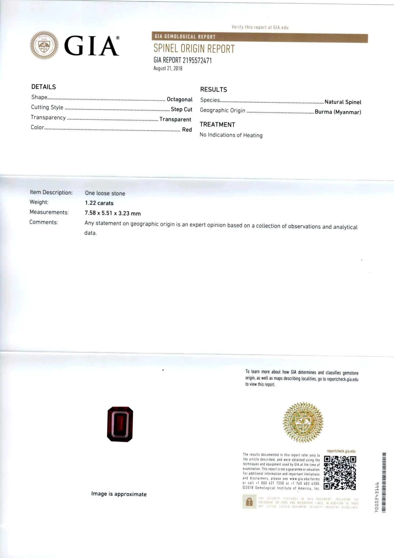 Red Spinel 1.22ct Myanmar No Heat
