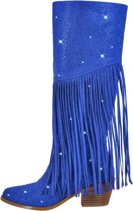 Richealnana Calf High Knee High Boots for Women Sparkle Rhinestones Clear Gems Shining Comfortable Tabs Pull-On Boots Fringe Tassel