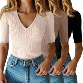 Riyiper 3 Pack Women's Half Sleeve Top Elbow Length Ribbed Cotton T Shirt Women V Neck Summer Tee Slim Fit Casual Blouses