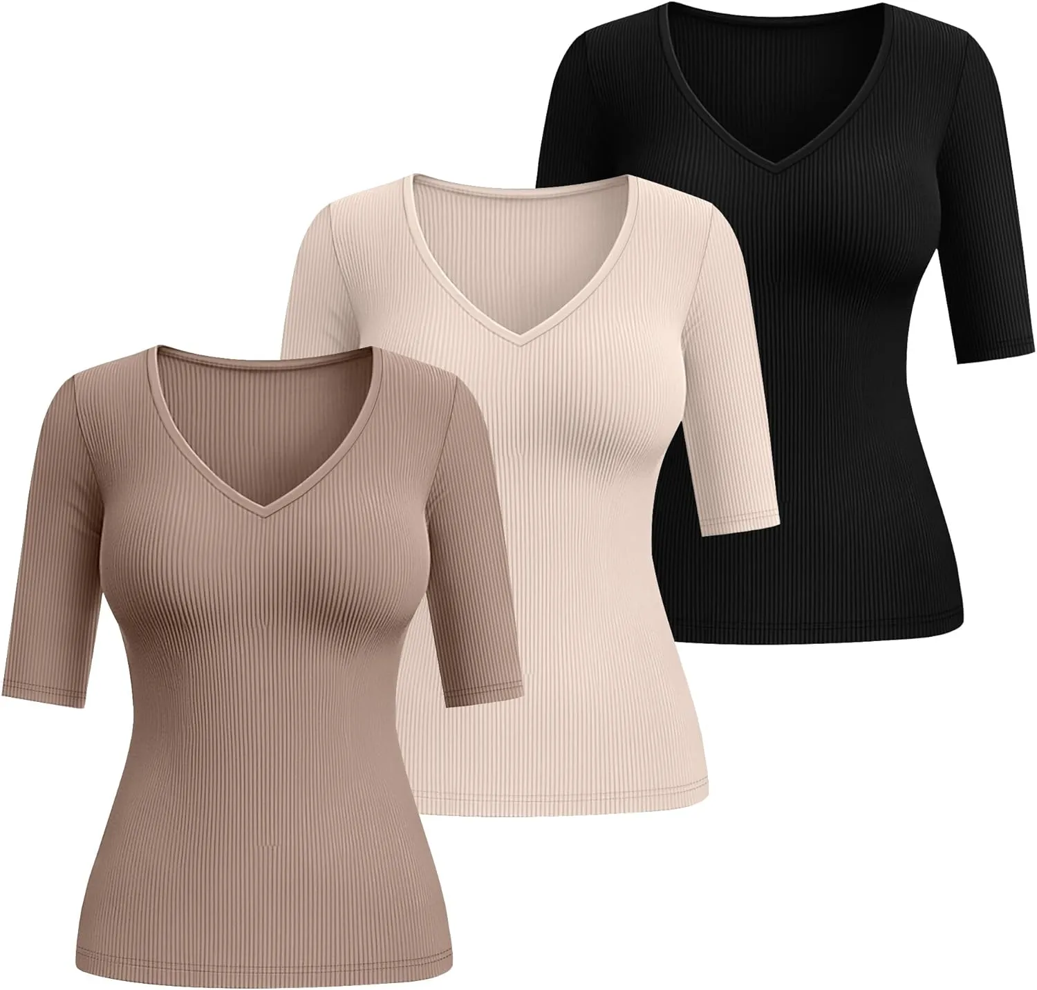 Riyiper 3 Pack Women's Half Sleeve Top Elbow Length Ribbed Cotton T Shirt Women V Neck Summer Tee Slim Fit Casual Blouses